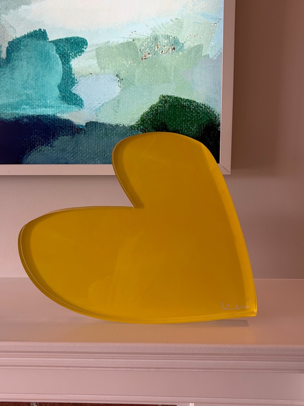 Kerri Rosenthal Signed Yellow Acrylic Heart Sculpture – Retired Large 13” x 10”